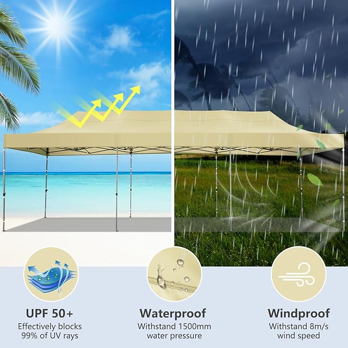 COBIZI 10x30 Pop up Canopy Heavy Duty Without Sidewalls, Easy Set-up Commercial Outdoor Party, 100% Waterproof Wedding Canopy Gazebo, 3 Height Adjustable with Wheeled Bag, Khaki