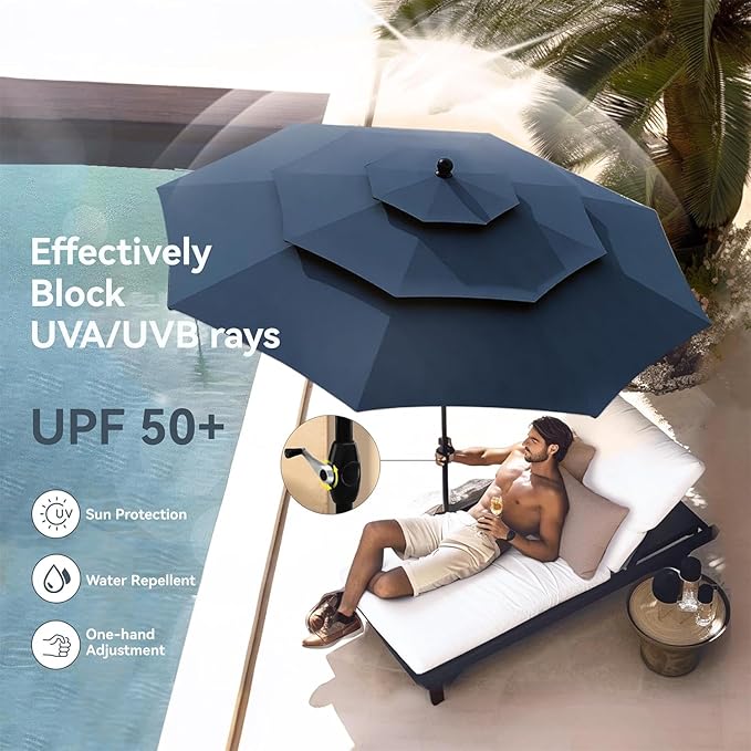 PHI VILLA 5 Piece Patio Dining Set with 10ft Umbrella, 37" Square Metal Dining Table & 4 Cushioned Rattan Chairs with Blue Umbrella for Outdoor, Deck, Yard, Porch