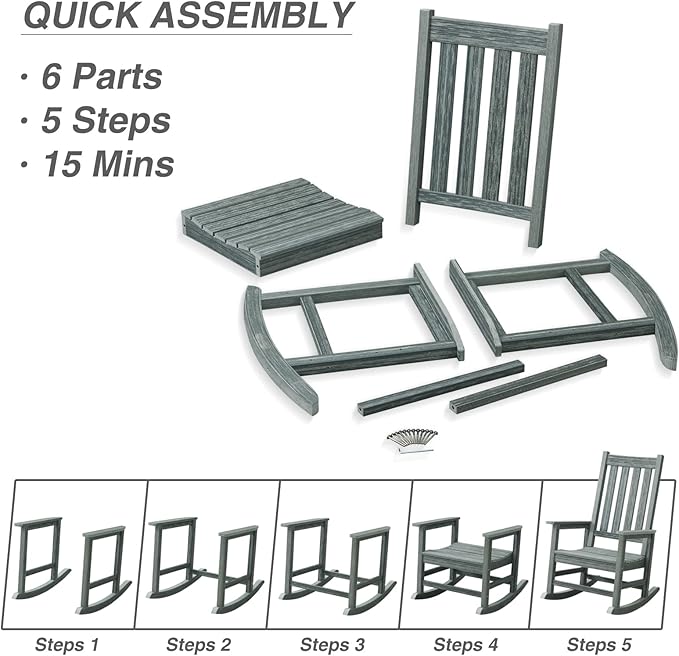 Rocking Chair Outdoor, HDPE Oversized Patio Rocking Chairs, Weather Resistant, 350lbs Heavy Duty Porch Rocker with High Back for Backyard, Fire Pit, Garden and Indoor (Grey)