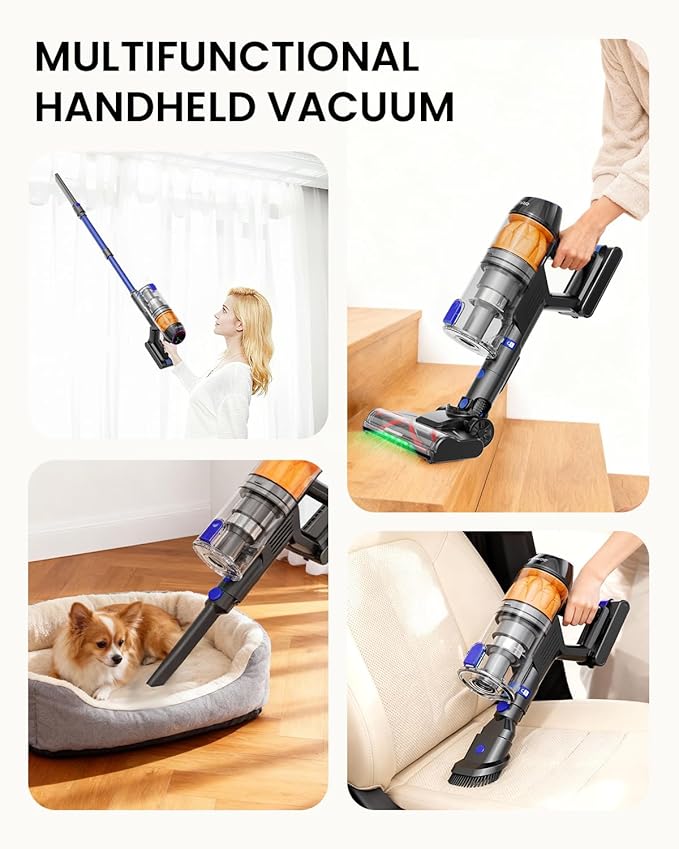 Cordless Vacuum Cleaners for Home, 500W 40Kpa Suction Lightweight Vacuum, 60-Min Runtime LED Display, 3 HEPA Filters & Brushes, 180° Lay-Flat, Anti-Tangle Brush, Wall-Mount Rechargeable,Blue