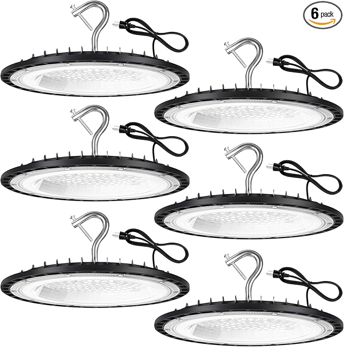 6 Pack 100W UFO Led High Bay Light Fixture,5000K Daylight Commercial Shop Bay Lighting,120v,15000LM,[450W MH/HPS Equiv.] US Plug Area Lighting for Warehouse/Barn/Gym/Factory/Workshop
