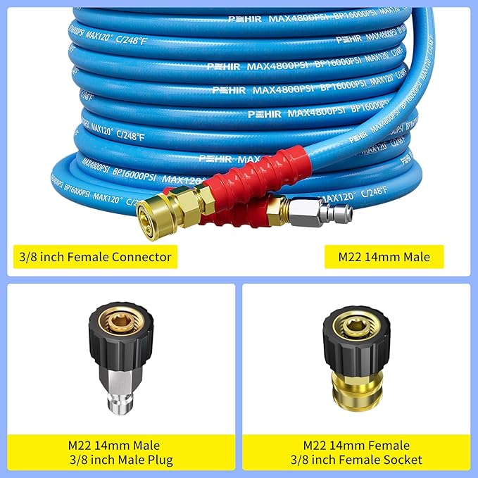 POHIR Pressure Washer Hose 50FT 3/8" for Cold & Hot Water (Up to 248℉) 4800 PSI Kink Resistant Industrial Grade Steel Wire Braided QC Ends with 2 M22-14mm to 3/8" Adapters for Professional and Home