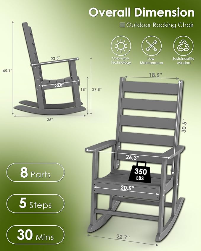 GREENVINES Outdoor-Rocking-Chairs-Set-of-4 | HDPE Plastic | Patio Rockers | Porch Rocker Chair | Shaker | Oversized | High Ladder Back | Big & Tall | PentaLuxe | Grey