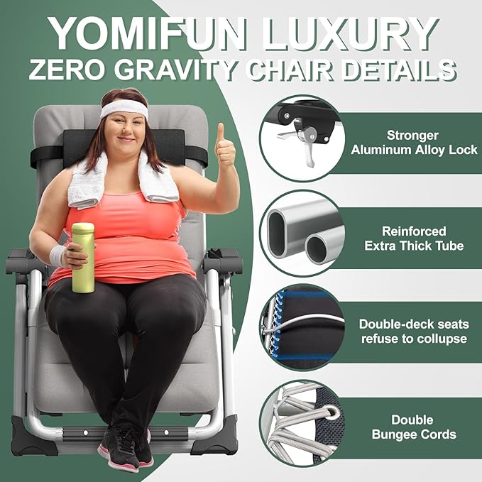 XXL Zero Gravity Lounge Chair 33", Oversized Padded Folding Recliner for Patio with Storage Bag, Removable Cushion, Footrest, Full Aluminum Lock & Large Cup Holder, Supports 500 lbs, Gray