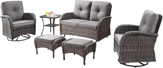 Belord 6 Piece Patio Conversation Sets - Wicker Patio Furniture Sets with Outdoor Swivel Rocker Chairs, Glider Loveseat Perfect for Patio Deck Backyard, Brown Wicker Grey Cushion