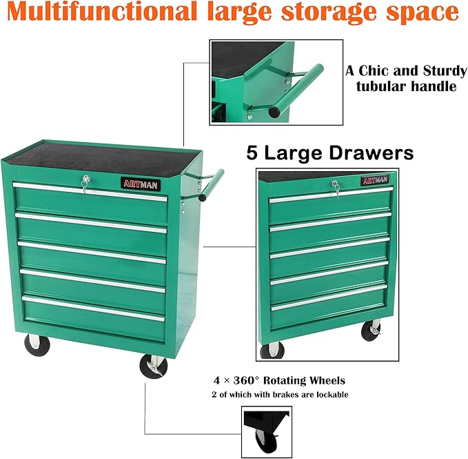 5 Large Drawers Rolling Tool Cart on Wheels, Trolley Organizer Tool Case Tool Chest, Multifunctional Tool Storage Tool Box for Workshop, Garage, Warehouse, Repair Shop (5 Drawers-29.3" H-Green)