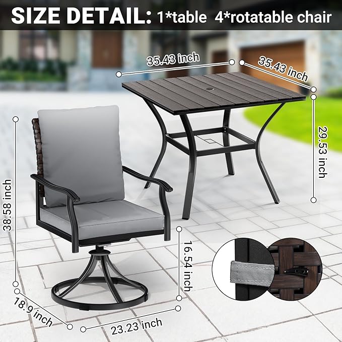 LEVELEVE 5 Piece Outdoor Patio Dining Set with 4 Swivel Dining Chairs & 1 Large Square Dining Table,Bistro Furniture Set for Lawn, Garden, Deck, Backyard and Porch