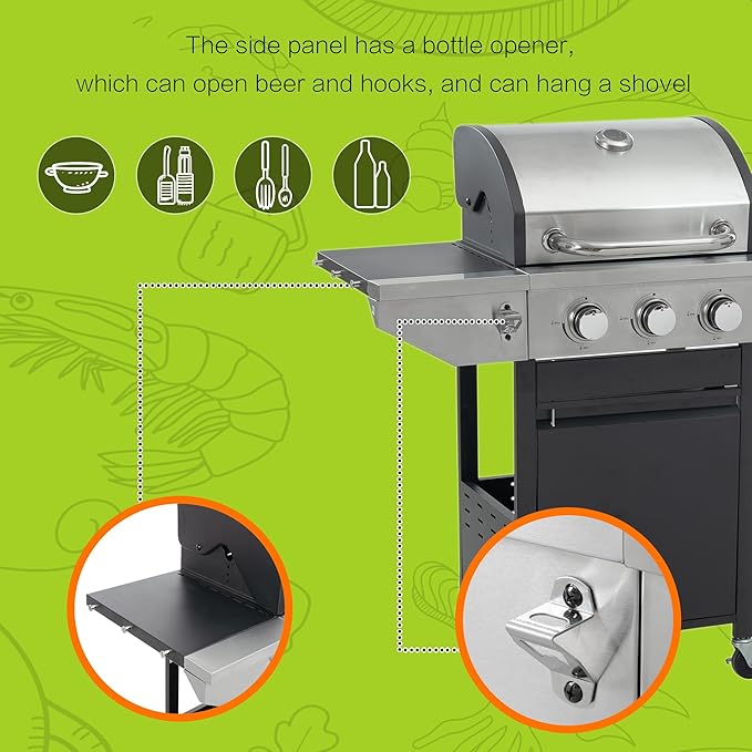 3 Burner Propane Gas Grill with Side Burner, 37,000 BTU Stainless Steel BBQ Grill with Foldable Shelves, Thermometer, Wheels, Ideal for Patio, Backyard, Outdoor Cooking, Barbeque