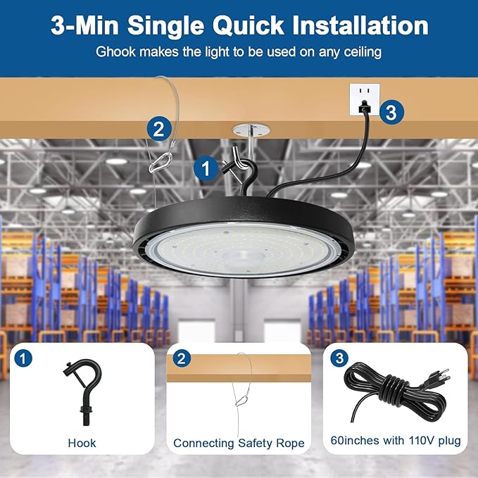 LED Shop Lights for Garage Super Bright High Bay Garage Light 150W 24000LM 5000K with 110-277V 5' Cable Plug in&US Hook,UFO High Bay Shop Light for Workshop Warehouse