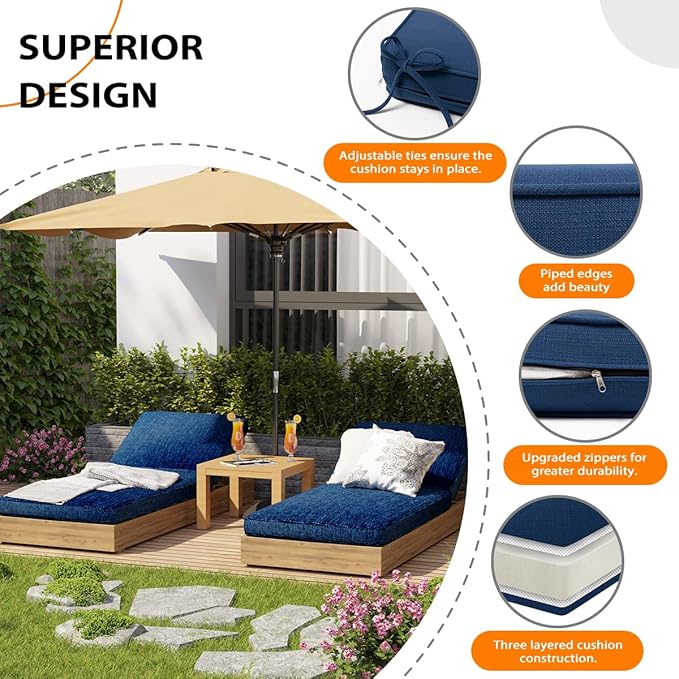 Sundale Outdoor Olefin Chaise Lounge Cushion, Water-Resistant Patio Lounge Chair Cushion, Thick Lounger Pad with 4 Straps Dark Blue, 72 x 21 x 4 Inches