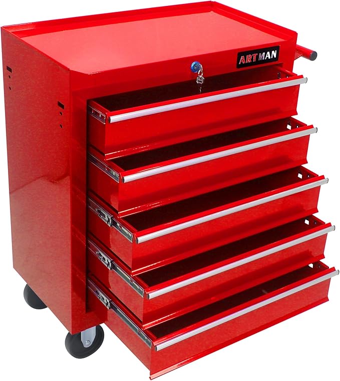 5 Large Drawers Rolling Tool Cart on Wheels, Trolley Organizer Tool Case Chest, Multifunctional Tool Storage Box for Workshop, Garage, Warehouse, Repair Shop(5 Drawers-29.3" H-Red)