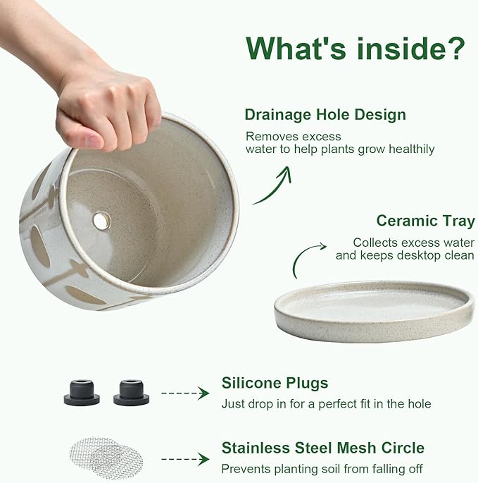 Ceramic Plant Pots Planters with Drainage Hole and Saucer Indoor Flower Pot Set with Hole Mesh Pad and Silicone Plug 4.72 + 5.51 + 6.5 Inch