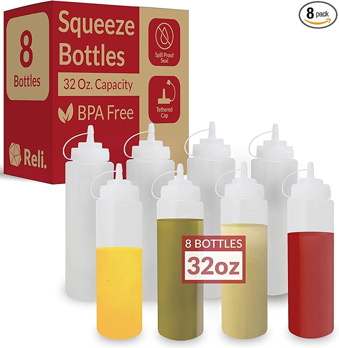 Reli. Plastic Squeeze Bottles, 32 oz. | 8 Pack | Condiment Squeeze Bottles for Sauces | Clear w/Tethered Caps | 32 Ounce Hot Sauce, Ketchup | Condiments, Olive Oil, Liquids