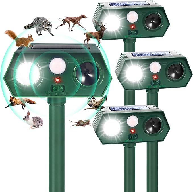 4Pack Solar Ultrasonic Animal Repellent,Waterproof Deer Repellent Devices with Motion Detection,2025 Cat Repellent Outdoor Squirrel Skunk Rabbit Dog Raccoon Bird Deterrents Animal Repeller for Yard
