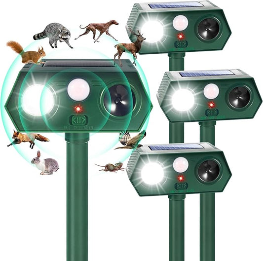 4Pack Solar Ultrasonic Animal Repellent,Waterproof Deer Repellent Devices with Motion Detection,2025 Cat Repellent Outdoor Squirrel Skunk Rabbit Dog Raccoon Bird Deterrents Animal Repeller for Yard