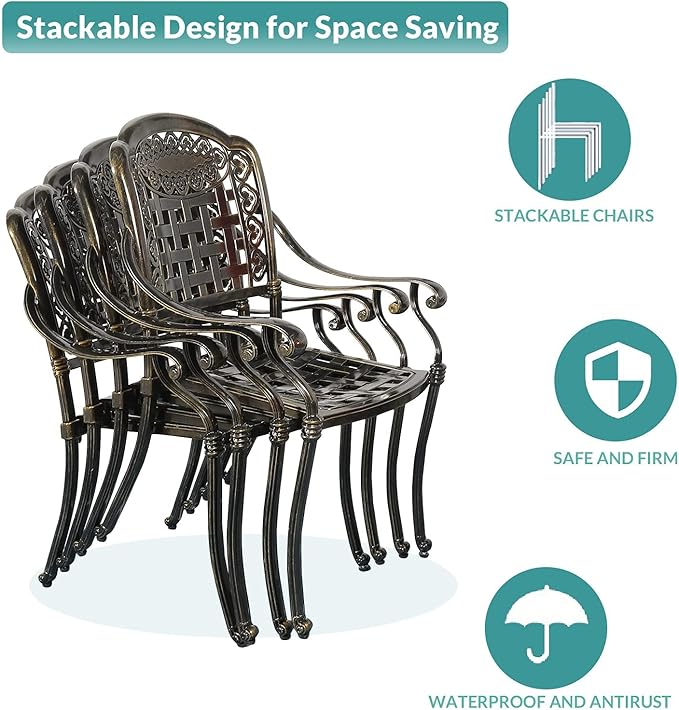 MEETWARM 3 Piece Outdoor Patio Bistro Set, All-Weather Cast Aluminum Dining Furniture Set Includes 2 Chairs and a 35.4” Round Table with Umbrella Hole for Garden Deck
