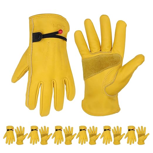 HANDLANDY HLDD 6 Pairs Cowhide Leather Work Gloves for Men & Women, Reinforced Durable Palm, Heavy Duty for Construction, Welding, Yardwork, Farm, Mechanic, Gardening, Driving