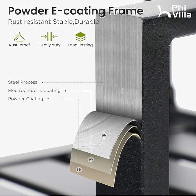 PHI VILLA 3 Piece Outdoor Bistro Set for 2, 22" Metal Square Table with Umbrella Hole & Stacking Wrought Iron Chairs, Small Furniture Conversation Set for Porch, Deck, Balcony, Patio, Yard - Black