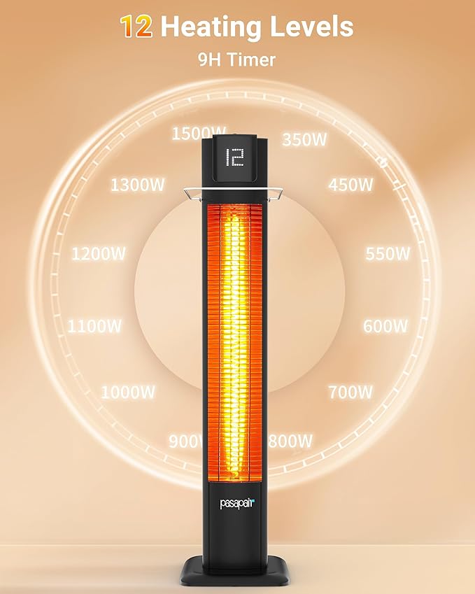 Pasapair 42" Outdoor Patio Heater - 1500W Infrared Tower Heater with Remote 12 Heat Levels and 9H Timer - IP55 ETL Certified for Garage, Indoor, Porch