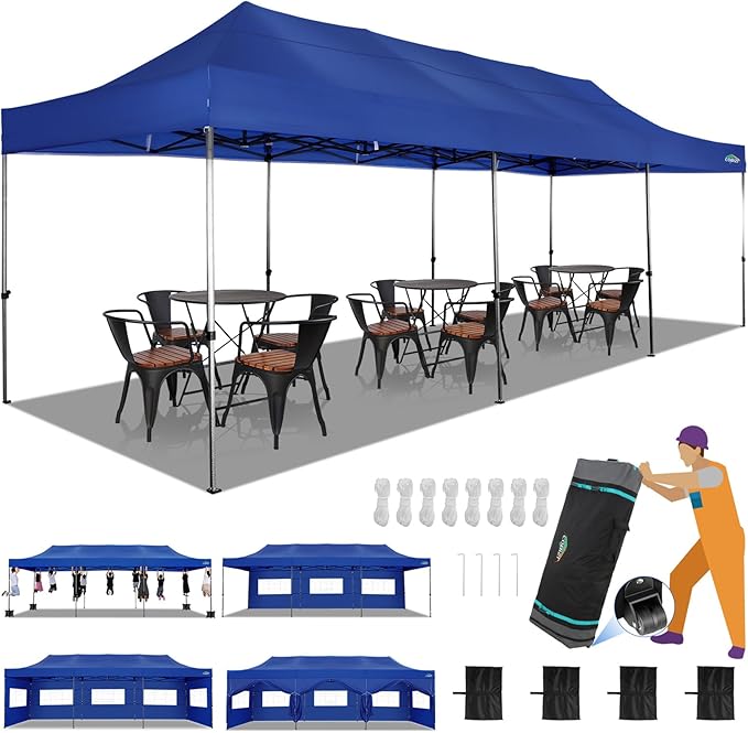 COBIZI 10x30 Heavy Duty Pop up Canopy with 8 sidewalls Party Tent for Parties Weddings Events UPF 50+ Waterproof Commercial Gazebo with Roller Bag, Dark Blue