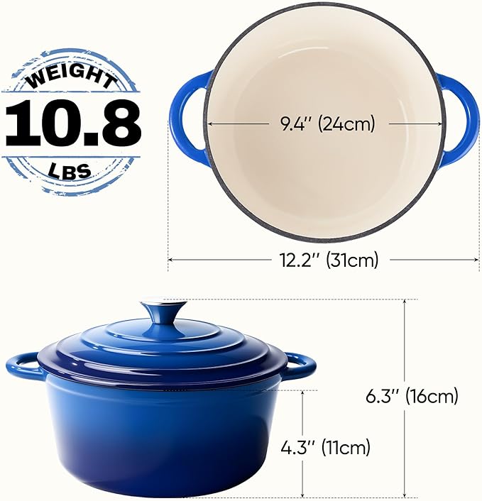4.5 Quart Dutch Oven Pot with Lid, Non Stick Enameled Cast Iron Dutch Oven for Bread Baking, Heavy-Duty, Oven Safe Ceramic Cookware Up to 500°F for Baking, Braising, Stews, Roasting, Blue