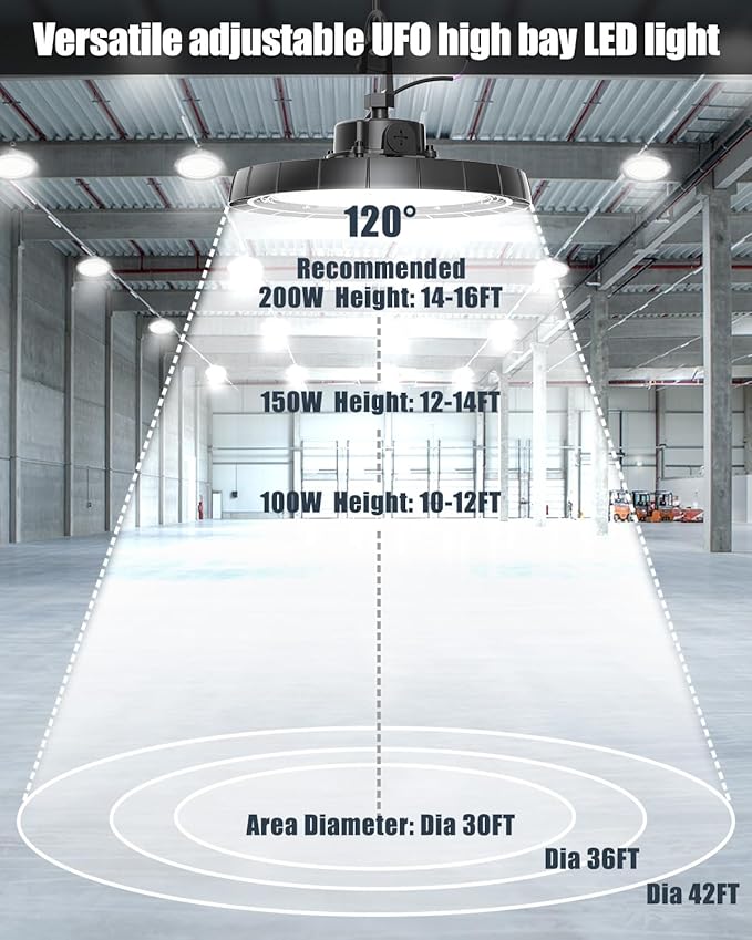 UFO High Bay LED Shop Lights for Garage Workshop,200W(Adjustable) 26000LM(130LM/W) 0-10V Dimmable 6500K Super Bright UFO Lights with US Plug, AC100V-277V IP65 Waterproof Commercial Lamp for Barn-6Pack