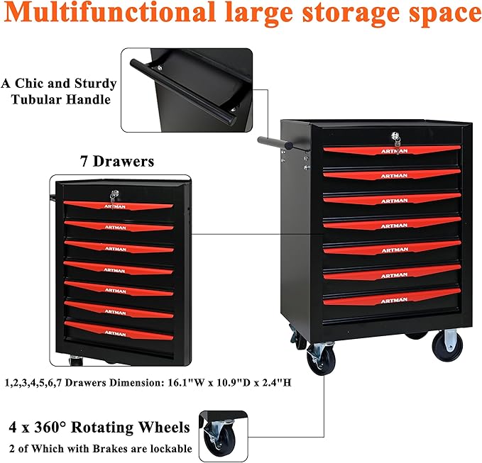 7 Drawers Tool Cart on Wheels, Multifunctional Rolling Tool Storage Chest, Drawers Rolling Trolley Organizer Tool Box for Warehouse, Garage, Workshop, Repair Shop (7 Drawers-30.5" H)