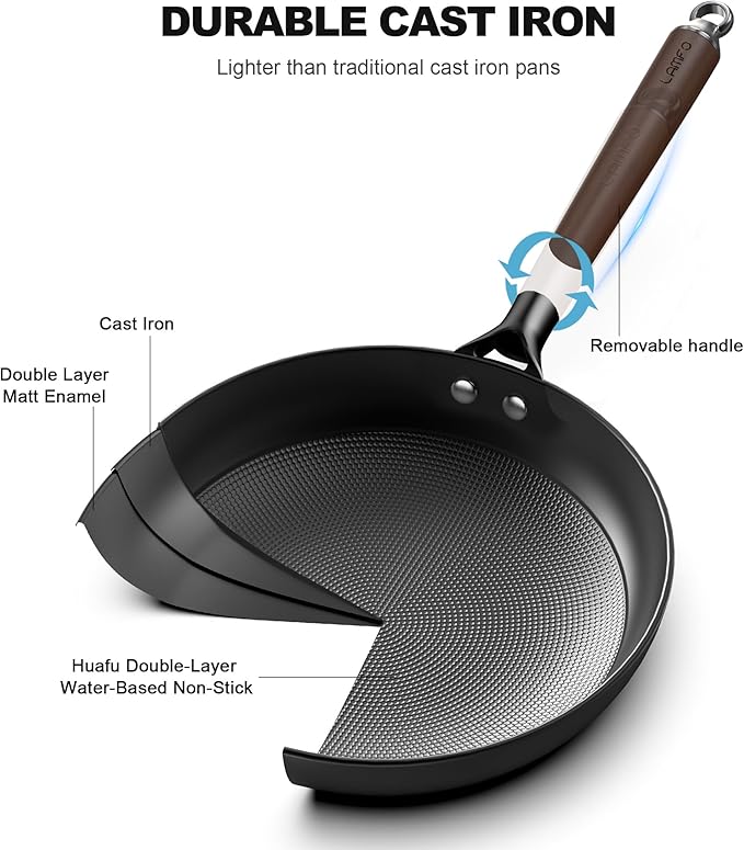 12" Cast Iron Skillets, Non-stick Frying Pans with Removable Handle & Non-Toxic Coating, Oven & Dishwasher Safe Nonstick Pan, Compatible with Gas, Electric, Induction Cooktops