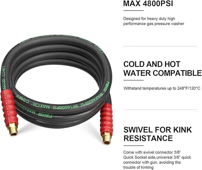 POHIR Pressure Washer Whip Hose 10FT, Reel Connector 248°F Hot/Cold Water Jumper Hose 3/8" with Quick Connect Adapter, Industry Grade Steel Wire Braided & Synthetic Rubber Jacket 4800 PSI