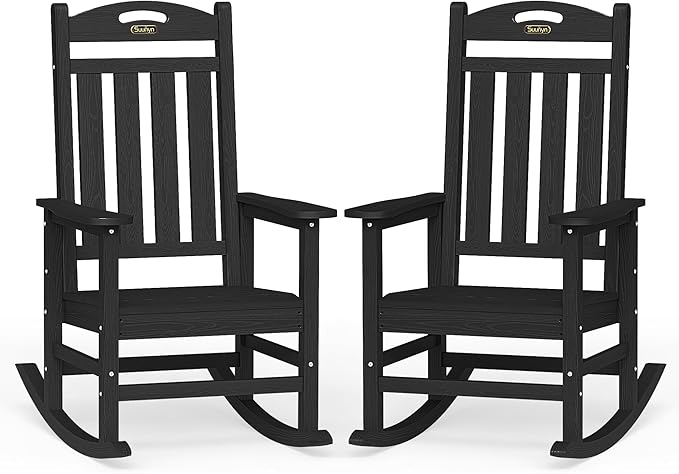Oversized Outdoor Rocking Chair Set of 2, High Back Porch Rocker Chair, HDPE All Weather Resistant Rocking Chairs for Patio,380lbs Weight Capacity, Black