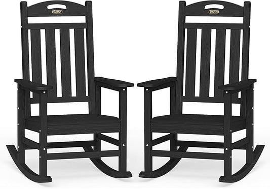 Oversized Outdoor Rocking Chair Set of 2, High Back Porch Rocker Chair, HDPE All Weather Resistant Rocking Chairs for Patio,380lbs Weight Capacity, Black