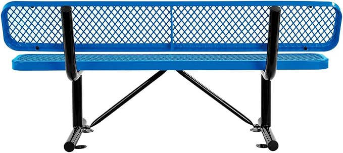 Global Industrial 6'L Heavy Duty Expanded Metal Mesh Bench with Backrest with Steel Frame, Portable Outdoor Bench, 1000 lbs Capacity, Blue, 72" L x 24" W x 33" H