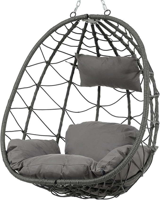 Wicker Hanging Chair with Stand,Indoor/Outdoor Swing Egg Chair with Cushion,Hammock Chair for Bedroom Living Room Patio Balcony Porch Garden,350Lbs Capacity Dark Gray 1 Seat