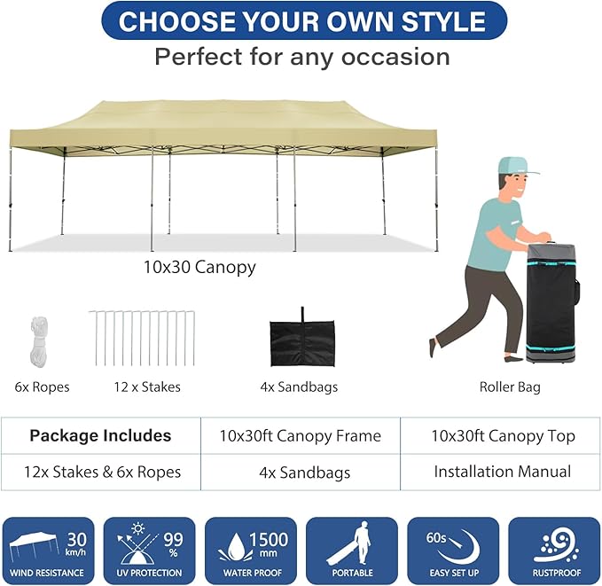 COBIZI 10x30 Pop up Canopy Heavy Duty Without Sidewalls, Easy Set-up Commercial Outdoor Party, 100% Waterproof Wedding Canopy Gazebo, 3 Height Adjustable with Wheeled Bag, Khaki