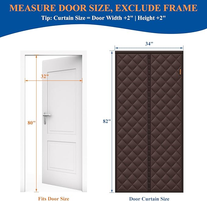 MAGZO Magnetic Thermal Insulated Door Curtain, 32" x 80", Upgraded Oxford Filled with Thicken Cotton, Weatherproof Insulation Cover Blanket for Winter/Front/Back Doors, Keep Cold Drafts Out, Brown