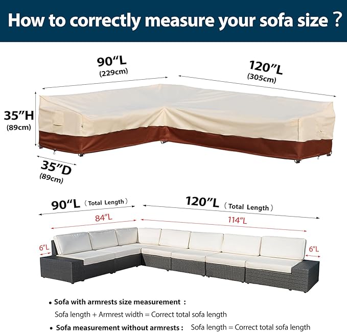 Outdoor Sectional Cover - Patio Furniture Covers Waterproof Rip-Stop Anti-UV 600D Heavy Duty Outdoor Sofa Couch Cover with 3 Air Vents (L-Shaped-Left facing-90''X120'')