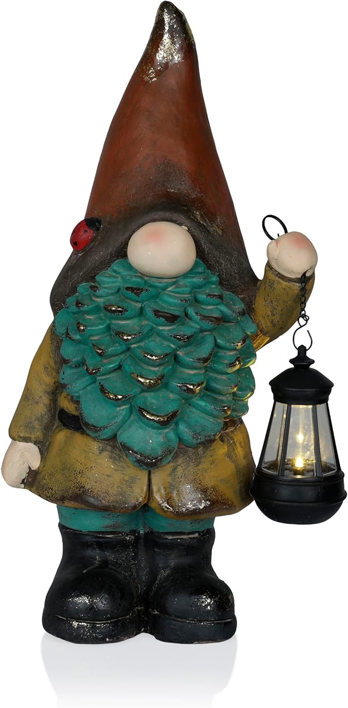 Alpine Corporation MCC856SLR Solar Vintage Gnome Holding Lamp w/Orange Hat, Whimsical Décor for Patio, Lawn & Garden, 20" H