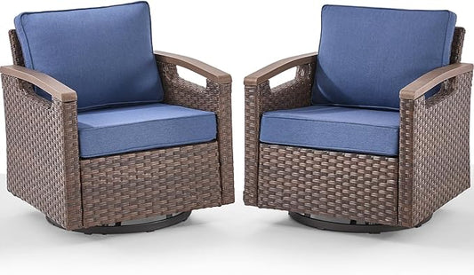 Rilyson Outdoor Patio Swivel Rocking Chairs Set of 2, All Weather Wicker, Metal Armrest, Deep Seating, Thick Comfortable Cushions, Ideal for Deck Porch Backyard, Brown/Blue