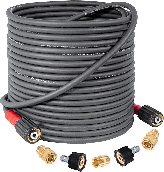 YAMATIC Super Flexible Pressure Washer Hose 75FT for Power Washer Replacement, Kink Resistant Extension With Leak-Free M22 Female & 3/8" Quick Connect Adapters, 1/4" 3200 PSI, Grey