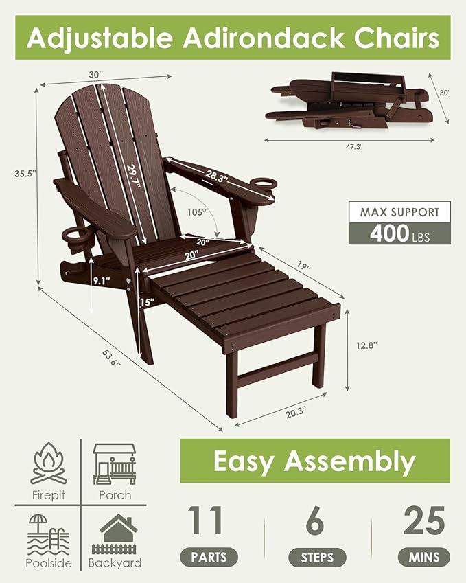 GREENVINES Adjustable Adirondack Chair with Retractable Ottoman Set of 4 | Folding | Wood Grain HDPE Plastic | Fire Pit Chairs w/Foot Rest | 2 Cup Holders | Dark Brown | for Outdoor Poolside