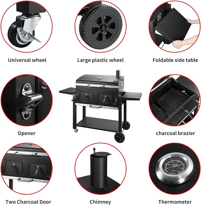 Charcoal Grill Outdoor BBQ Grill, Extra Large Cooking Area 794 Square Inches with Two Individual & Adjustable Charcoal Tray, Foldable Side Tables for Outdoor Cooking Backyard Camping Picnics By DNKMOR