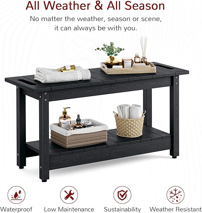 Stoog 35.5" Large Shower Bench, Waterproof Shower Stool with Storage Shelf and Handles, Adjustable and Non-Slip Feet, Shower Chair for Inside Shower, Black