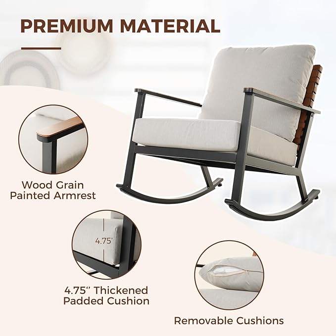 Grand patio Outdoor Rocking Chairs, 4-Piece Leather-Look Patio Wicker Bistro Set Outdoor Furniture Conversation Sets with 2 Chairs and 2 Faux Wood Grain Coffee Table, 4.75'' Grey Cushions