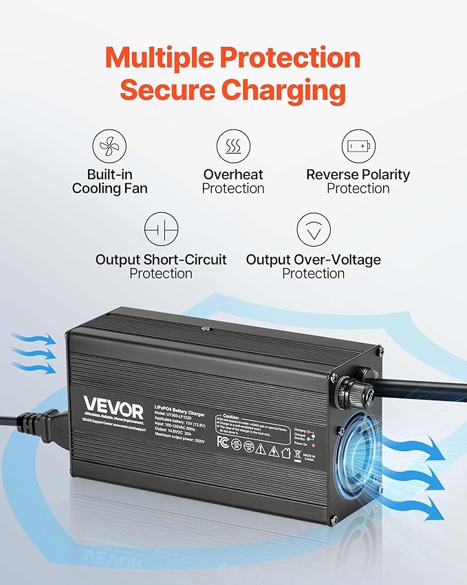 VEVOR 12V 20A Lithium Battery Charger, 14.6V, AC-DC LiFePO4 Smart Charger, with Anderson Connector, LED Indicator, 0V Activation, for Lithium LiFePO4 Deep Cycle Rechargeable Batteries of Boat, RV