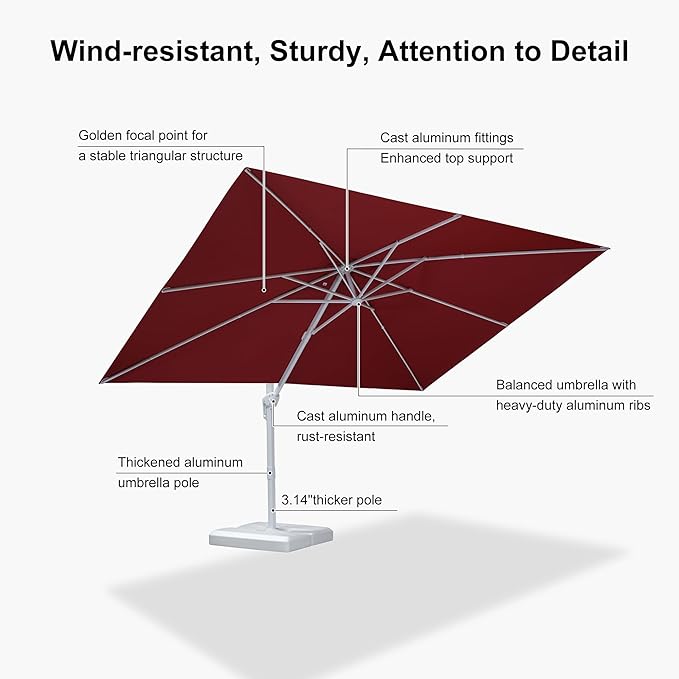 PURPLE LEAF 9' × 11.5' Patio Umbrella White Cantilever Umbrella Aluminum Square Outdoor Offset Umbrella Hanging Windproof with 360° Rotation for Garden Deck Pool, Red