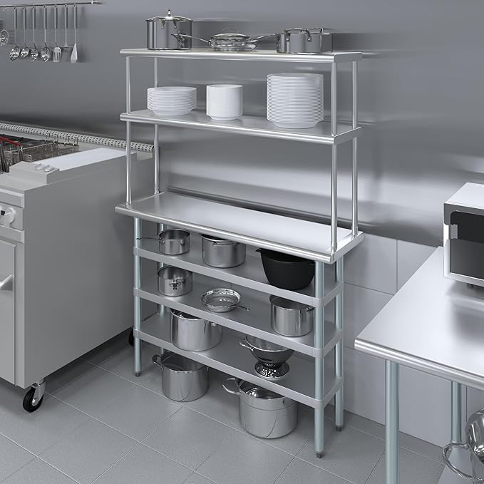 Amgood 14" x 48" Stainless Steel Work Table with 3 Shelves and 12" Wide Double Tier Overshelf | Metal Kitchen Prep Table & Shelving Combo | NSF