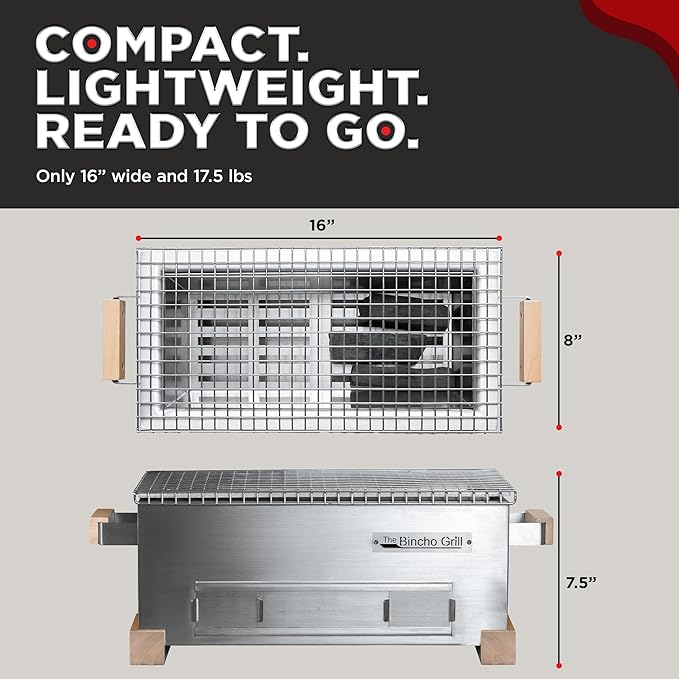 The Bincho Grill – 16" Mini Yakitori Grill – Stainless Steel Mini Tabletop Charcoal BBQ with Charcoal Box, Optimized Airflow & Cool-Touch Base - Perfect for Japanese Grilling, Skewers, Meat, Seafood