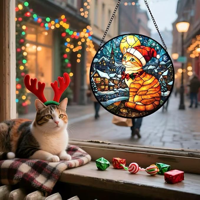 Stained Glass Window Hanging - Bright Moon and Ginger Cat Snowy Night Suncatcher fof Garden Home Decor for Women Mon Grandma Friends