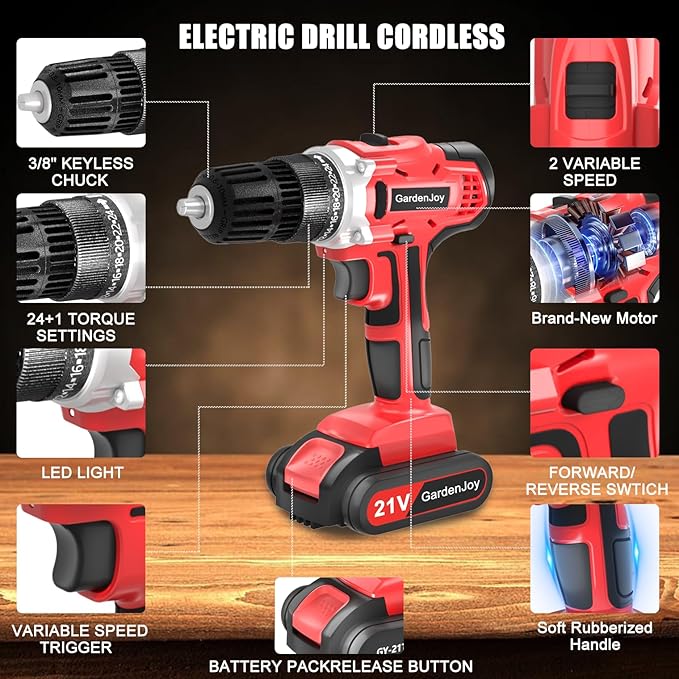 GardenJoy 20v Cordless Drill Set, Power Electric Kit 2 Batteries With Charger 30Nm 2-Speed 3/8" Keyless Chuck 24+1 Torque Drill Driver screwdriver Bits with LED Electric Work Light for MEN DIY