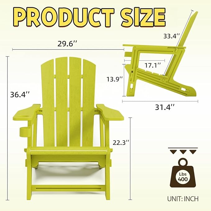 Adirondack Chair Set of 2, All Weather Plastic Adirondack Chairs, Fire Pit Chairs with Cup Holder, Outdoor Lawn Chair for Patio, Garden, Backyard,Yellow